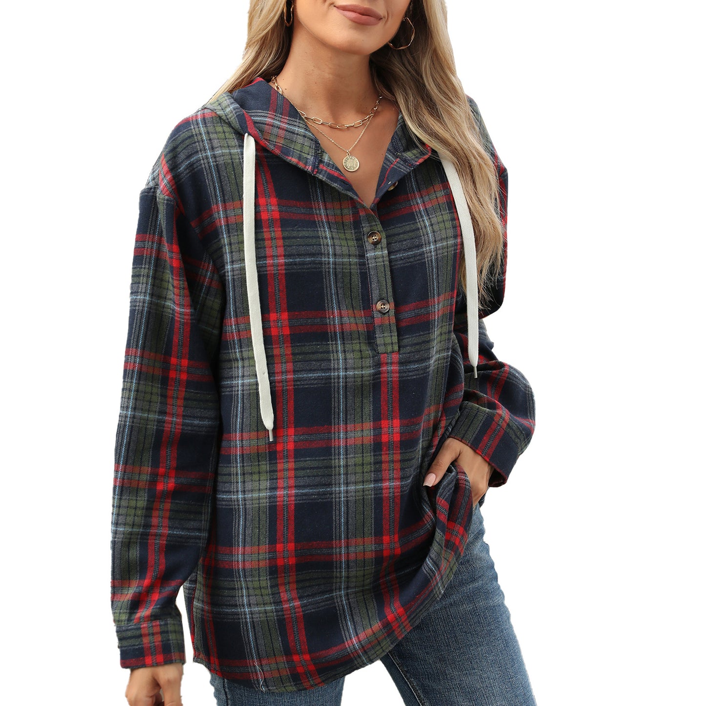 Damen Karierte Overshirtjacke mit Kapuze und Knopfdetails Stalluxe