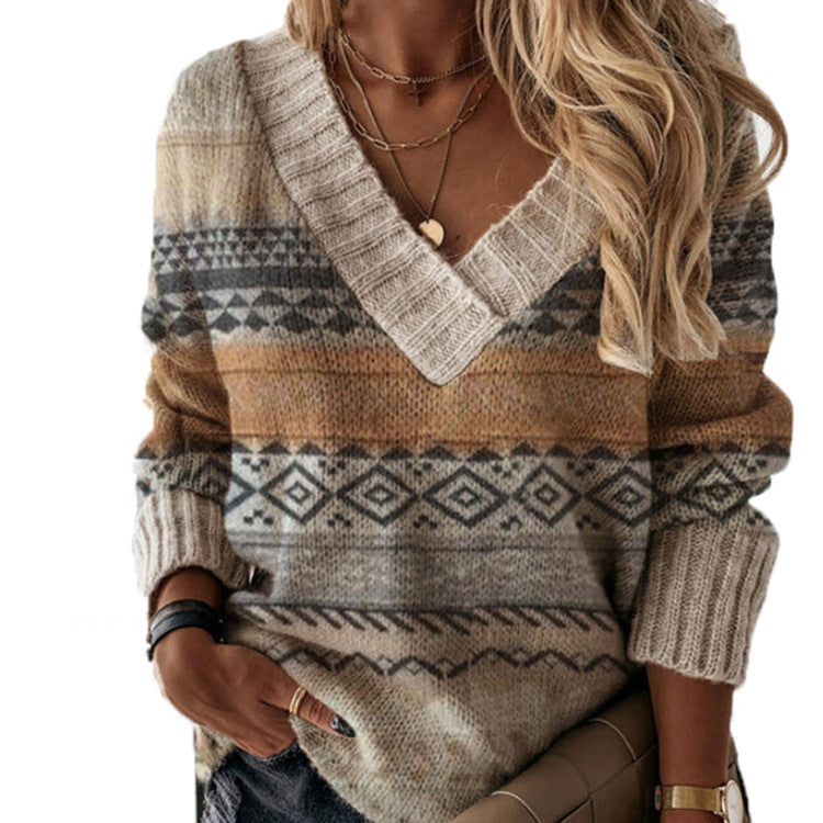 Damen Strickpullover mit modernem Grafikdesign und V-Ausschnitt Stalluxe