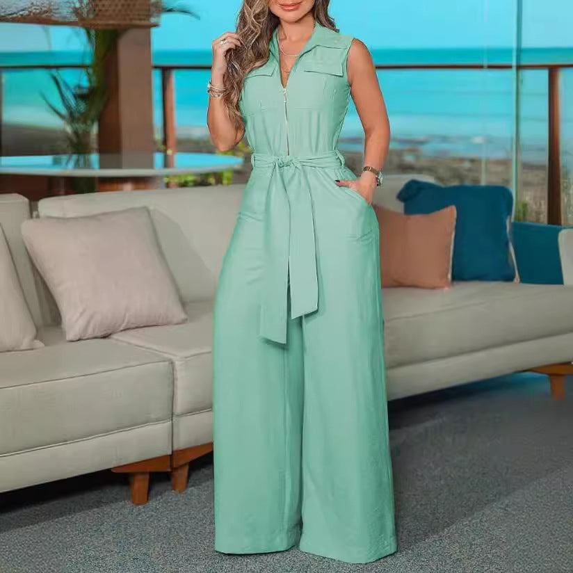Damen Jumpsuit mit weitem Bein und Taillengürtel Stalluxe