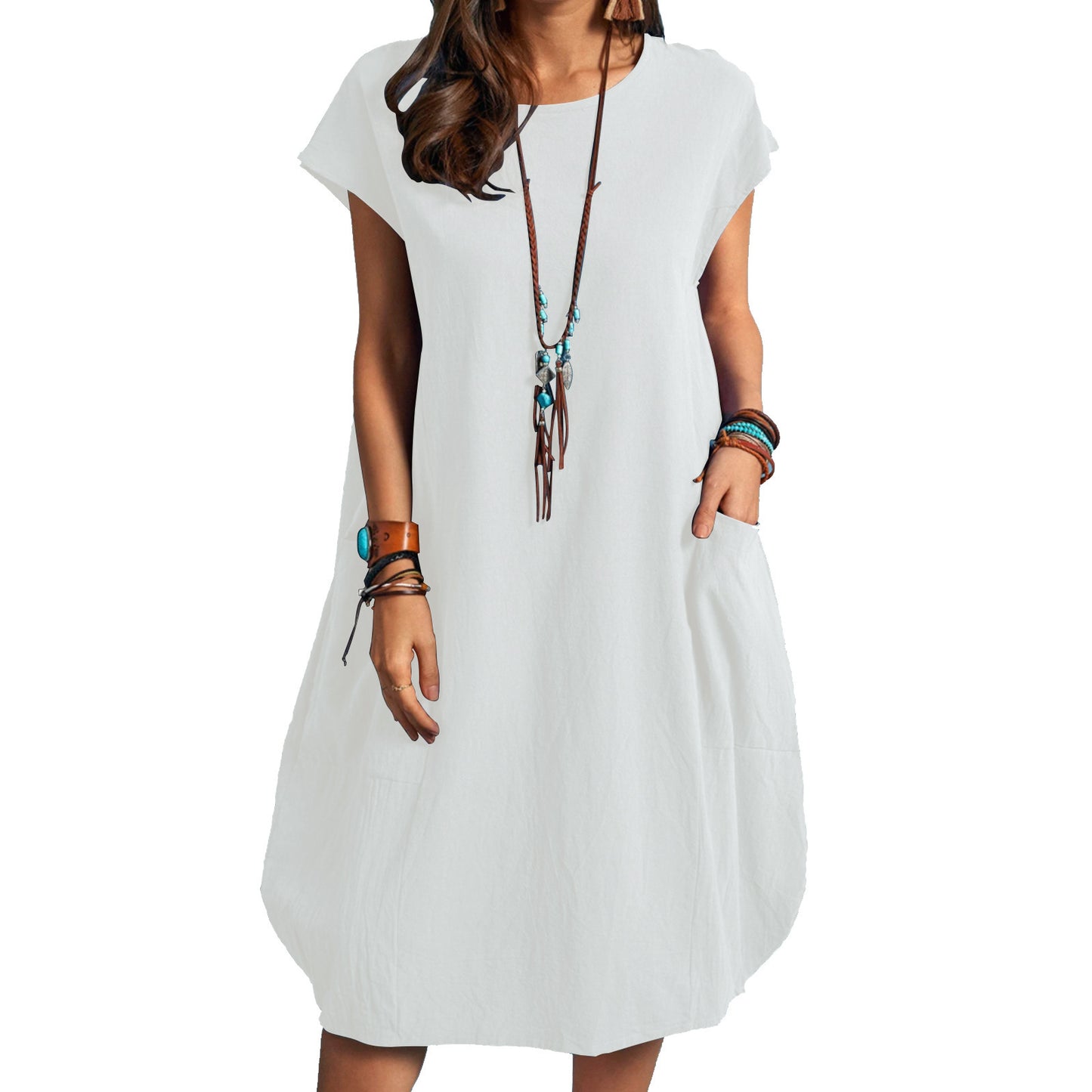 Damen lässiges Sommerkleid mit praktischen Seitentaschen und Rundhalsausschnitt Stalluxe