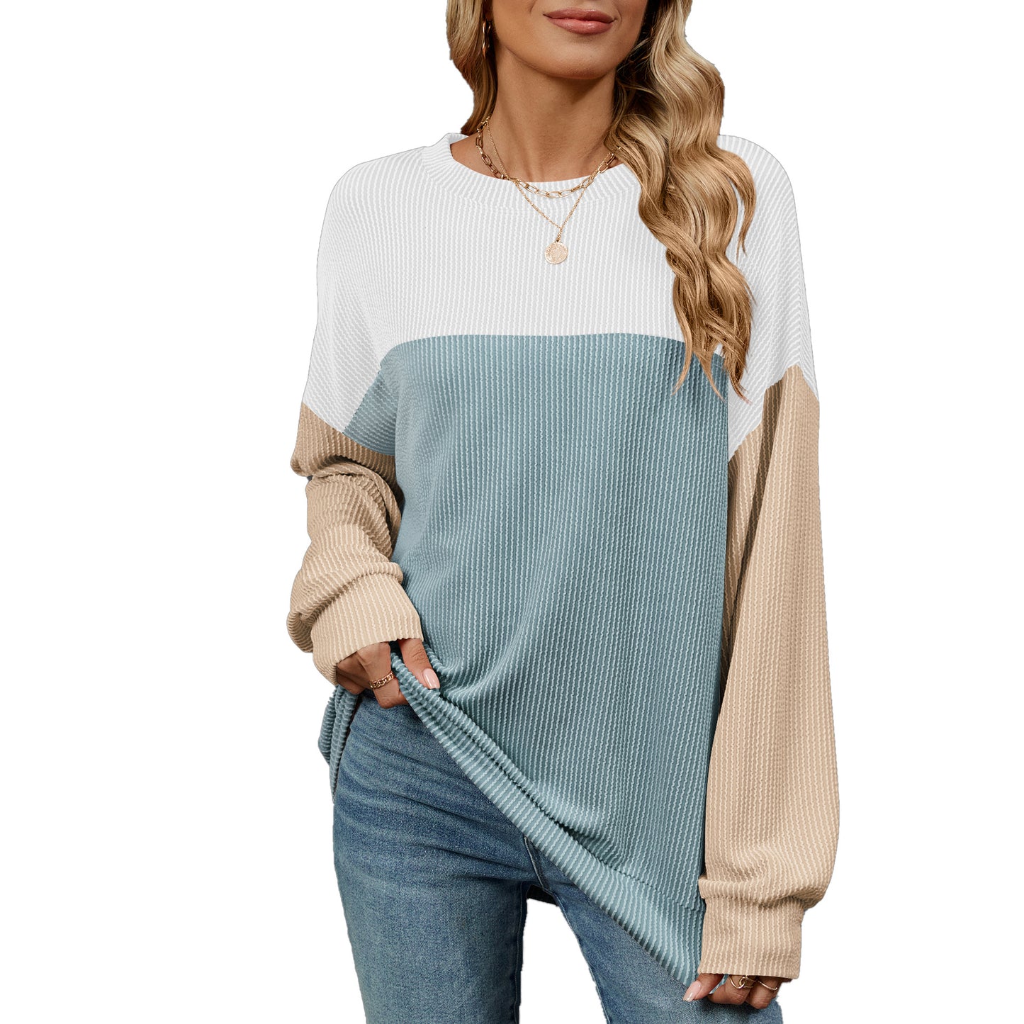 Damen Sweatshirt mit modischem Rippdesign und farblich abgesetzten Ärmeln Stalluxe