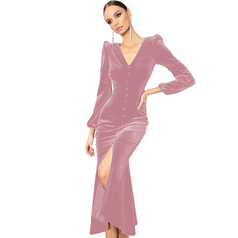 Damen Elegantes Maxikleid mit tiefem V-Ausschnitt und Knopfdetail Stalluxe