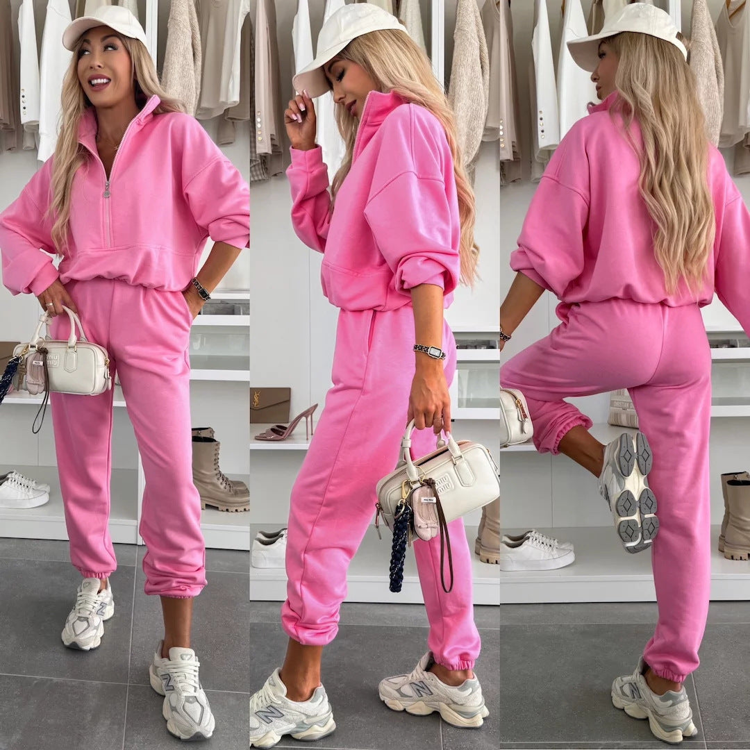 Damen sportliches Fleece-Set mit halbem Reißverschluss und elastischem Bund Stalluxe