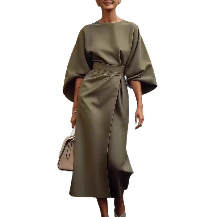 Damen Elegantes Maxikleid mit voluminösen Ärmeln und Taillengurt Stalluxe