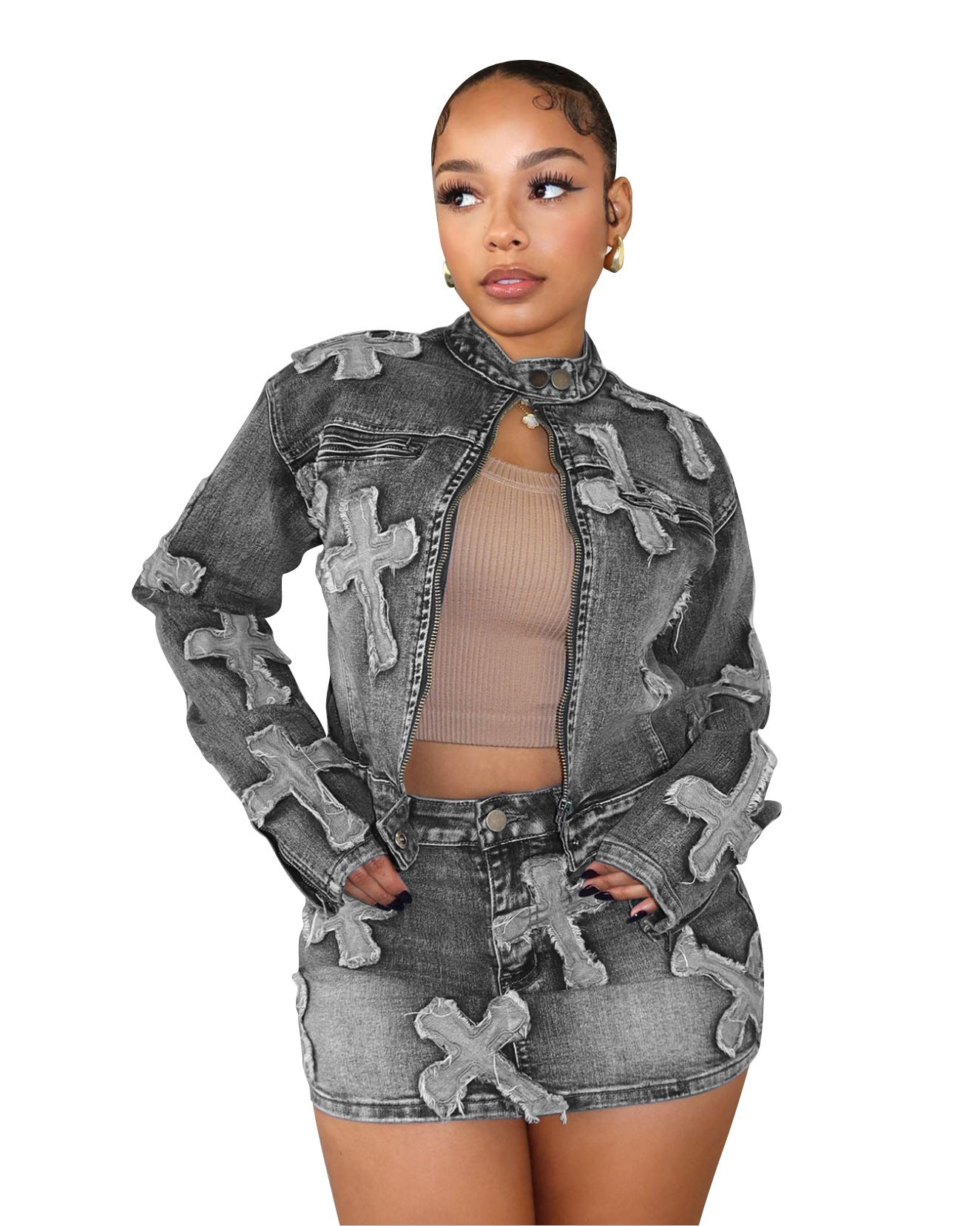Damen modische Jeansjacke mit einzigartigen Applikationen Stalluxe