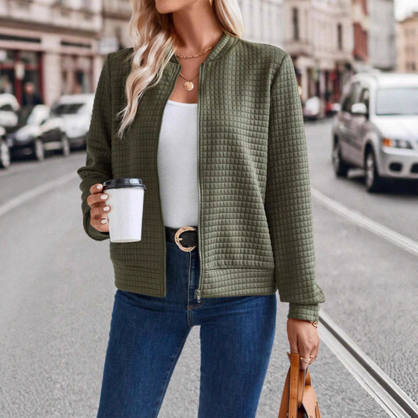Damen modische Steppjacke mit hohen Kragen und Reißverschluss Stalluxe