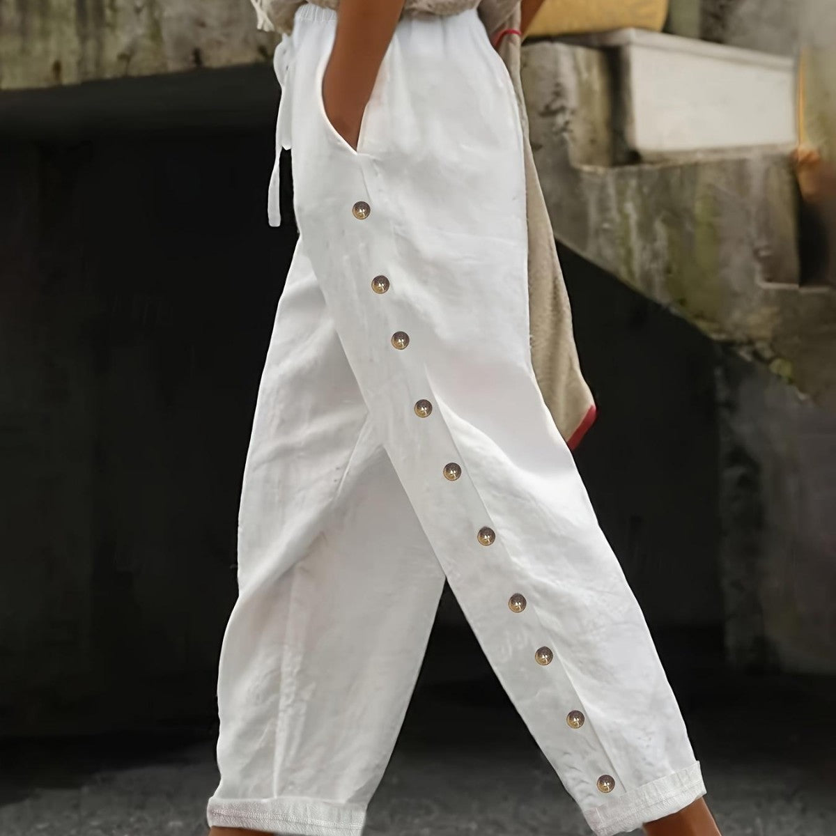 Damen Modische Palazzo-Hose mit Knopfdetails und elastischem Bund Stalluxe