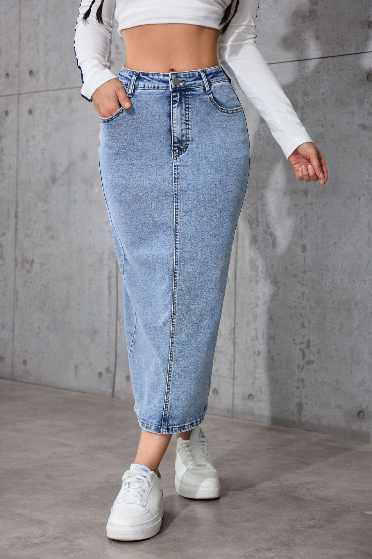 Damen Langer Jeansrock mit hohem Bund Stalluxe