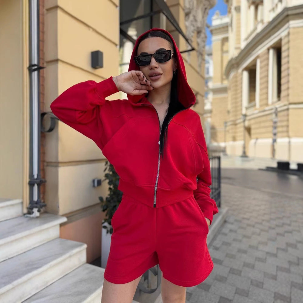 Damen trendy Kapuzenjacke und Shorts Set Stalluxe