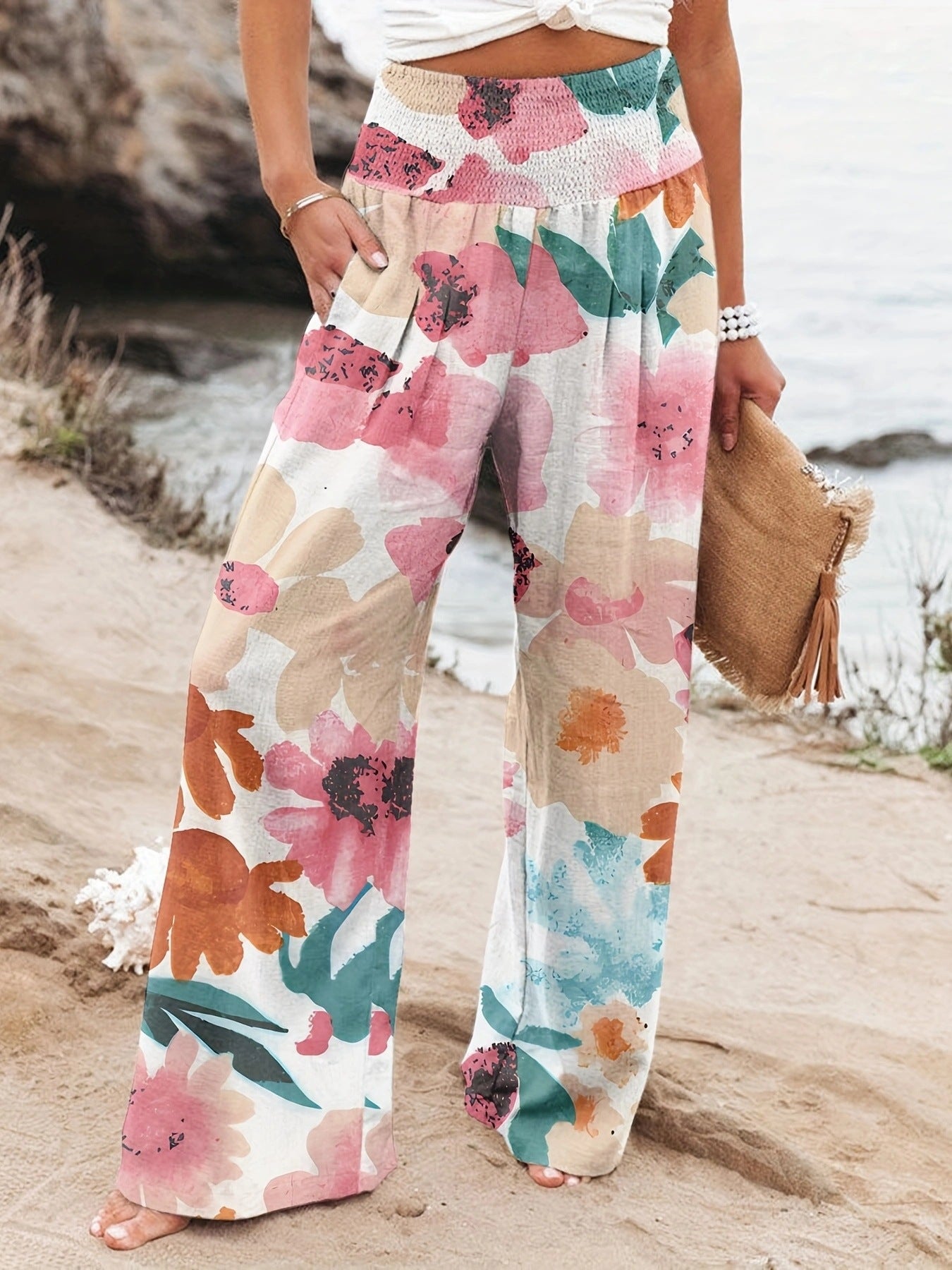 Damen Weit geschnittene Sommerhose mit floralem Print und elastischem Bund Stalluxe