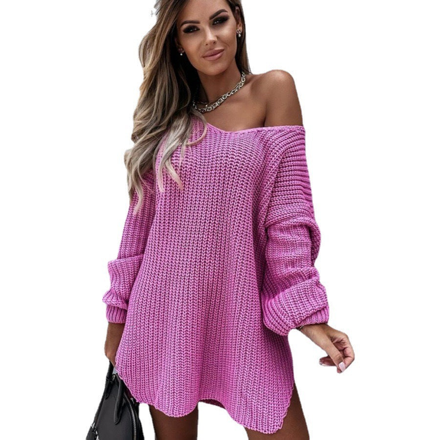 Damen Oversize Strickkleid mit weitem Rundhalsausschnitt und lässiger Passform Stalluxe
