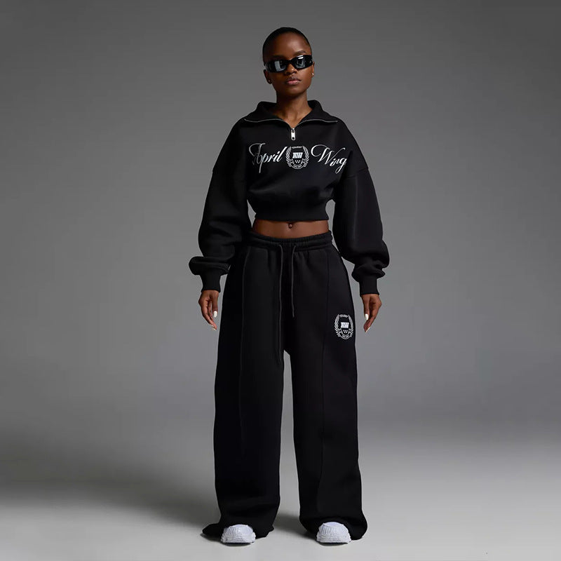 Damen modisches Sweatshirt mit Reißverschluss und weiten Jogginghose Stalluxe