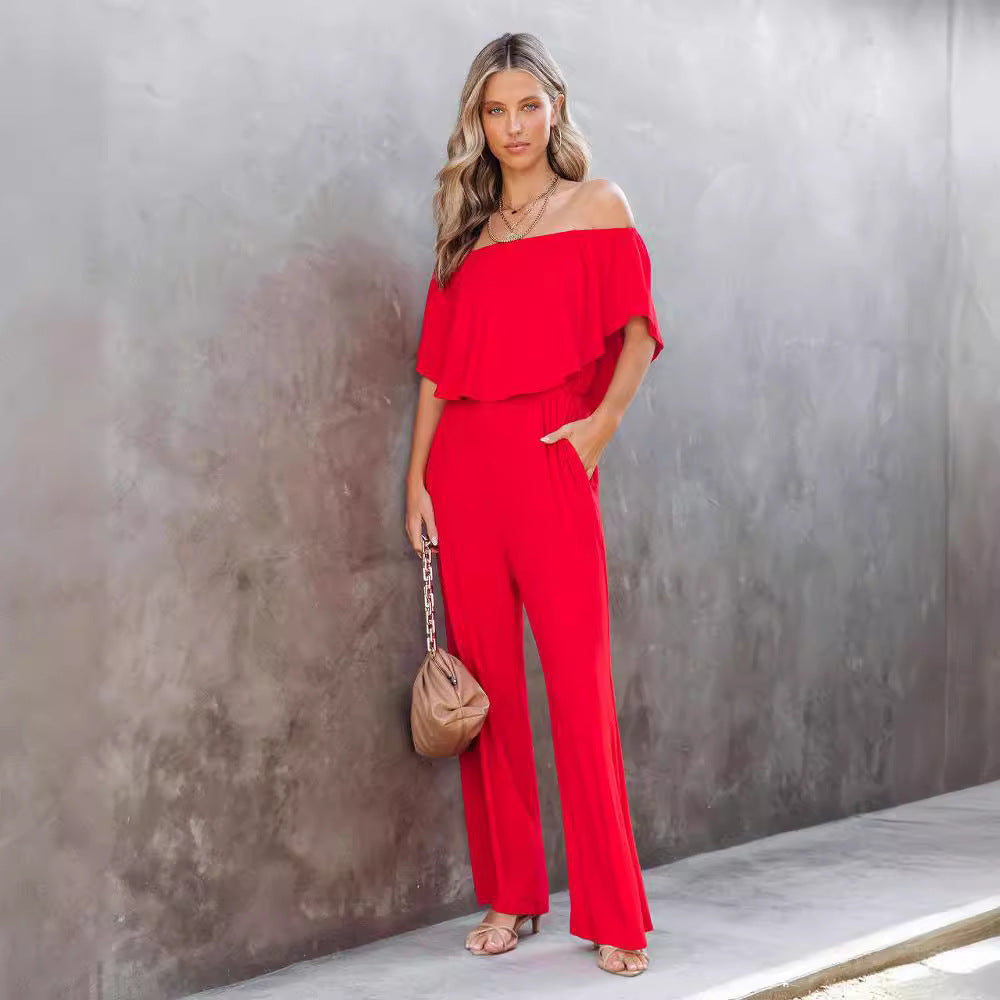 Damen Off-Shoulder Jumpsuit mit weitem Bein und elastischem Bund Stalluxe