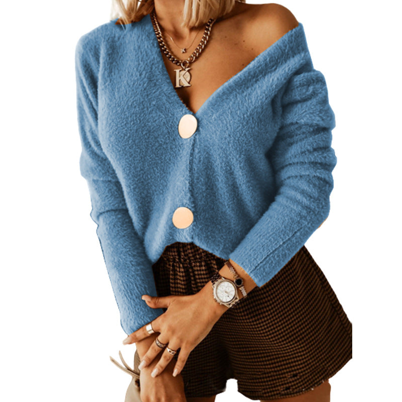 Damen weicher Kurzpullover mit großem V-Ausschnitt und modischen Knöpfen Stalluxe