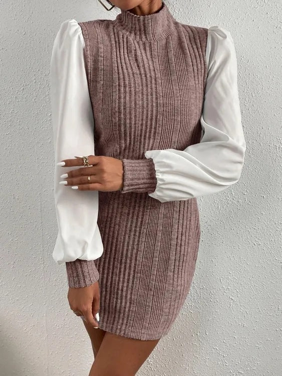 Damen Strickkleid mit eleganten Puffärmeln und Stehkragen Stalluxe