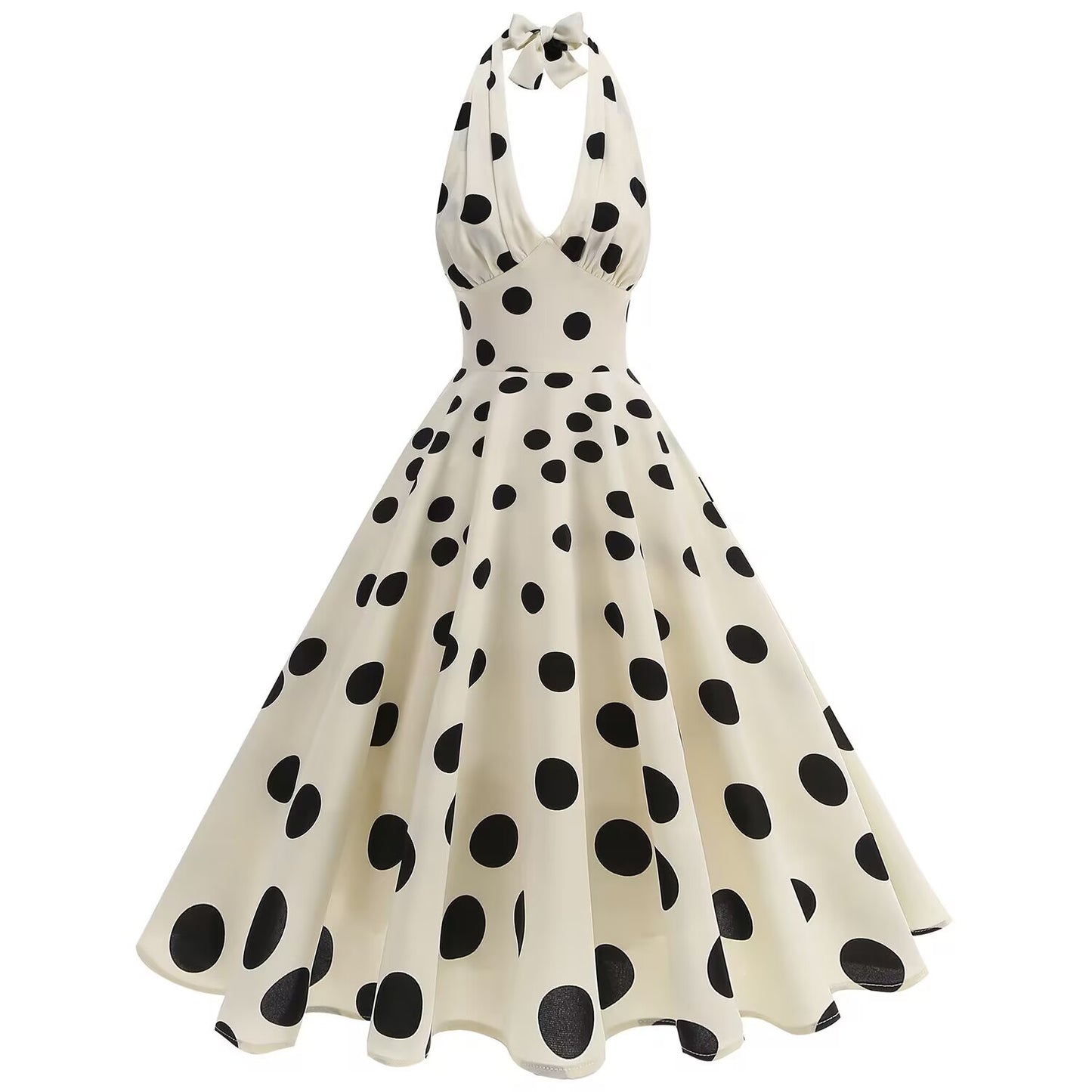 Damen Retro Maxikleid mit fröhlichen Punkten und elegantem Halterdesign Stalluxe