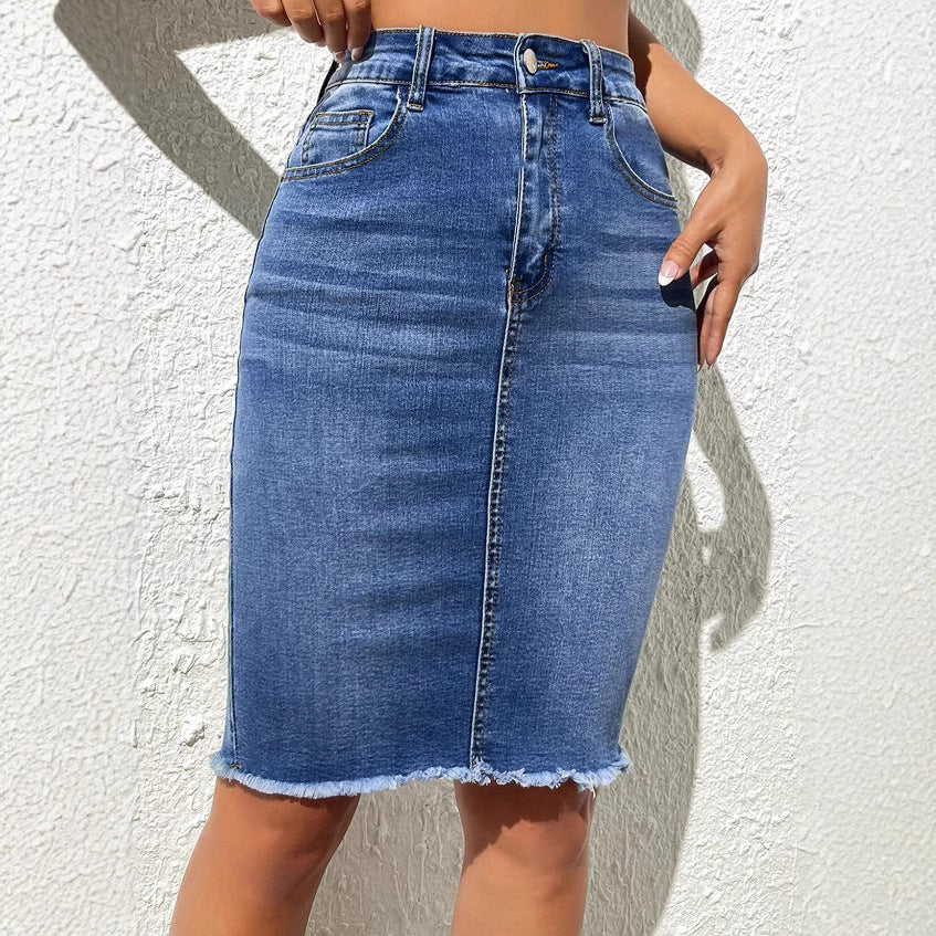 Damen Jeansrock im figurbetonten Schnitt mit fransigem Saum Stalluxe