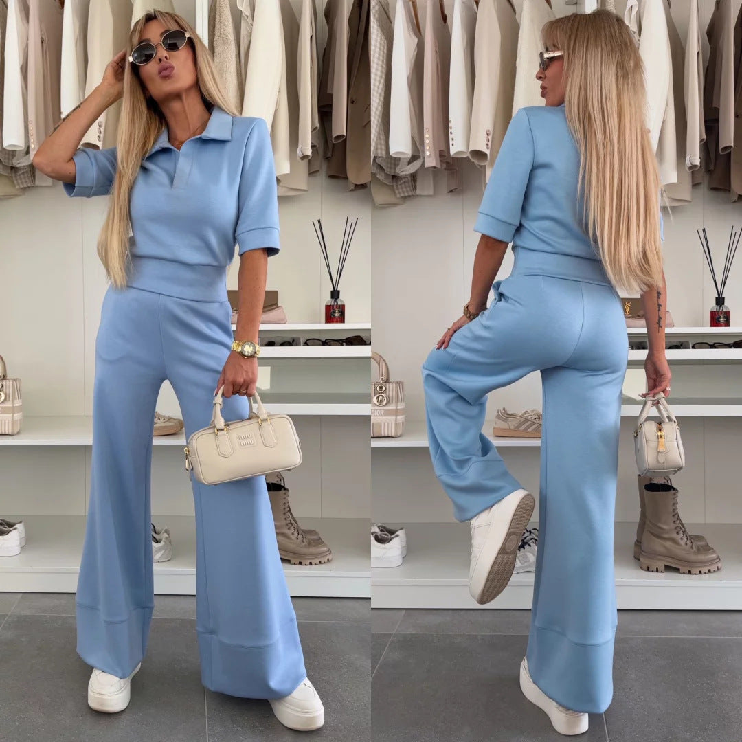 Damen sportliches Lounge-Set mit schicker Polo-Kragen und weitem Bein Stalluxe