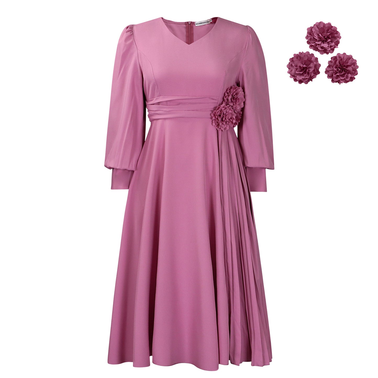 Damen elegantes Kleid mit dekorativem Blumenakzent und Faltenwurf Stalluxe