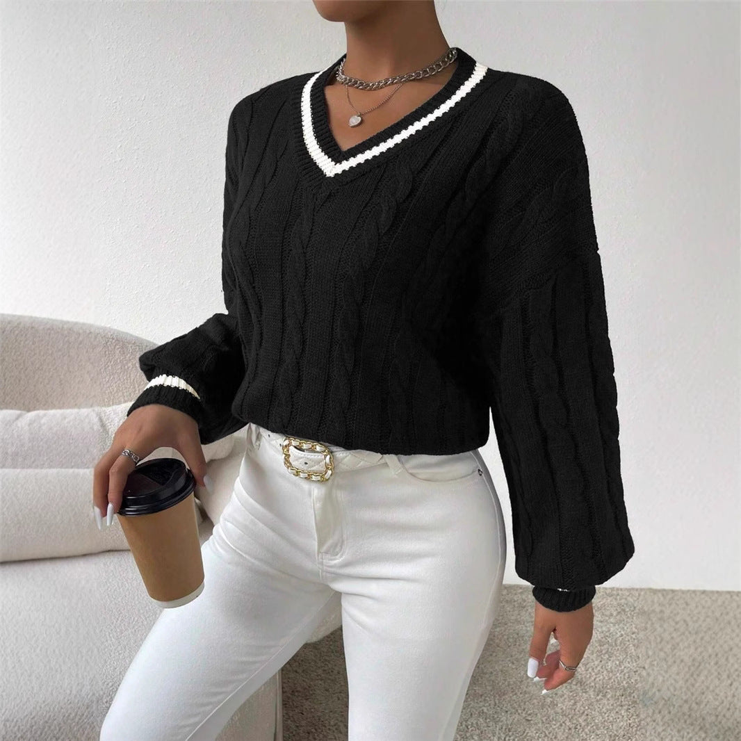 Damen Strickpullover mit modischem V-Ausschnitt und elegantem Zopfmuster Stalluxe