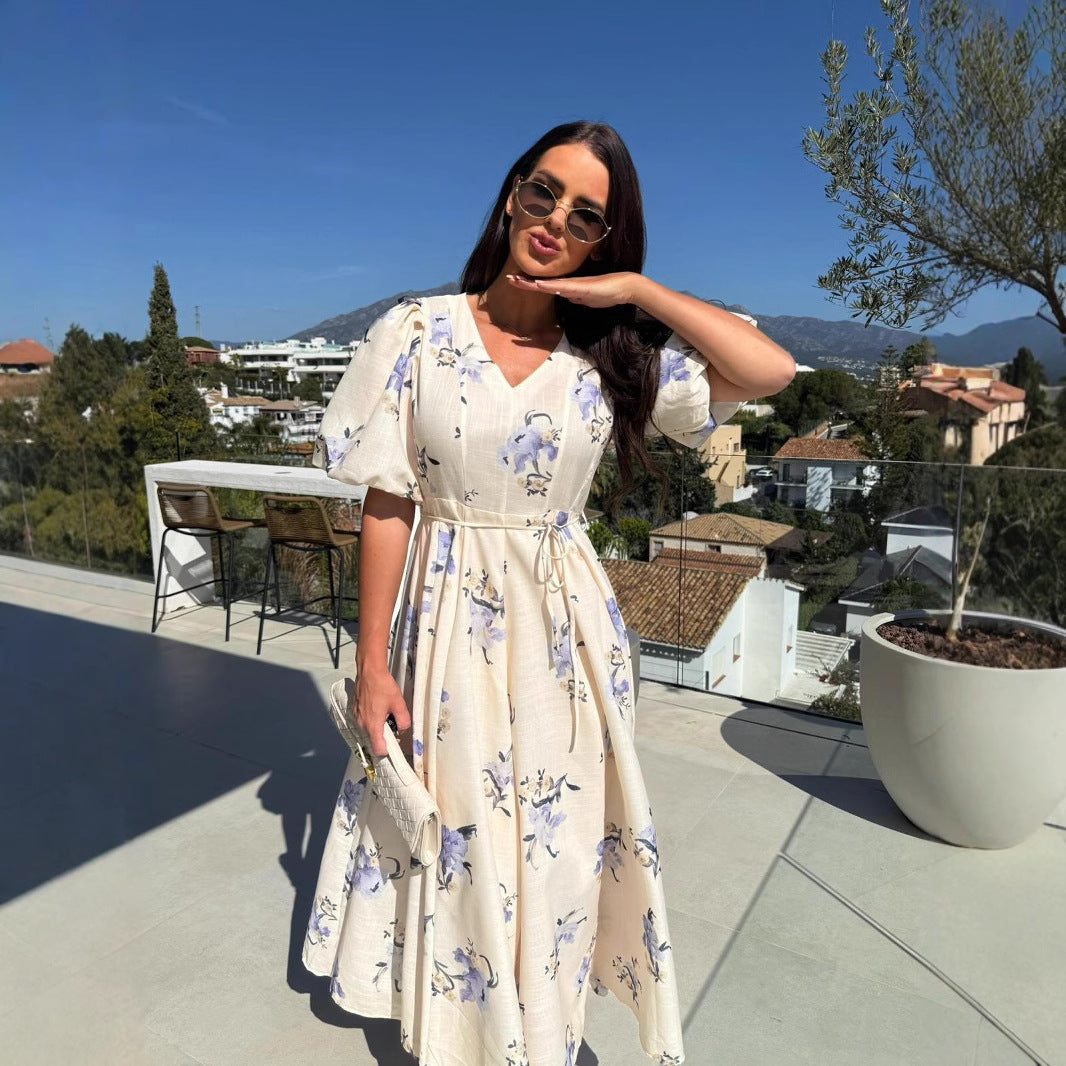 Damen Maxikleid mit elegantem V-Ausschnitt und voluminösen Puffärmeln Stalluxe