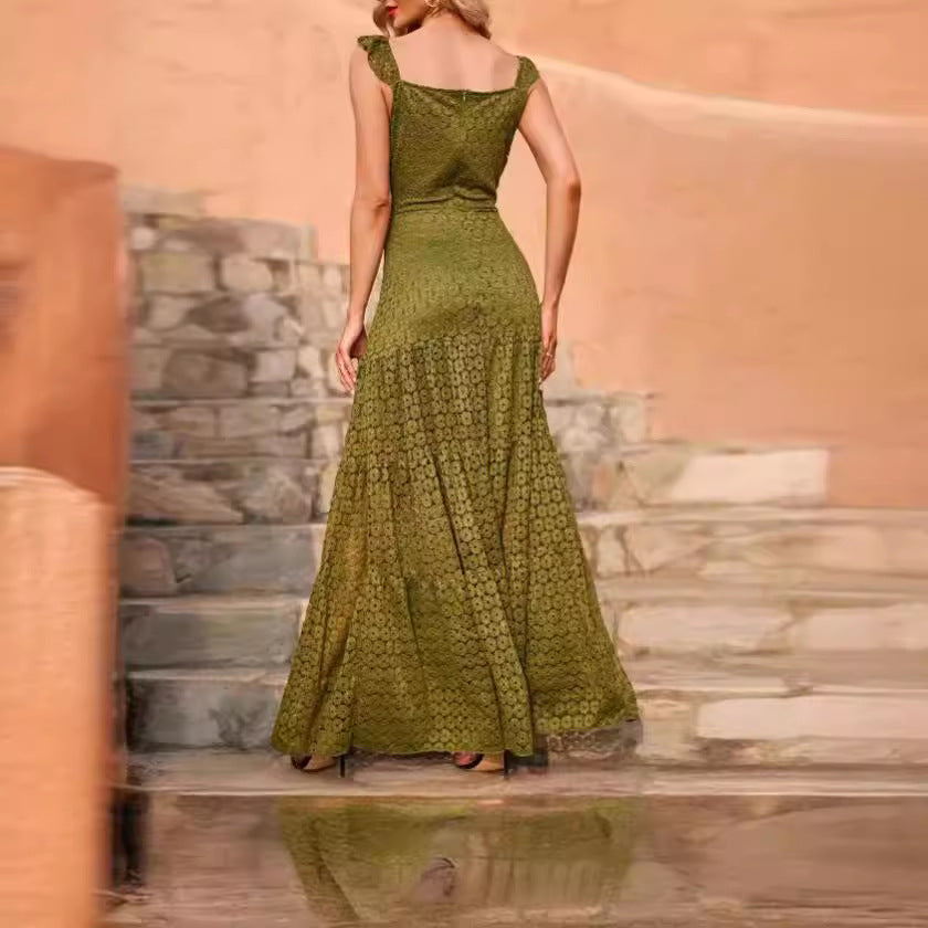 Damen Maxikleid mit exquisite Häkelstruktur und fließendem Rock Stalluxe