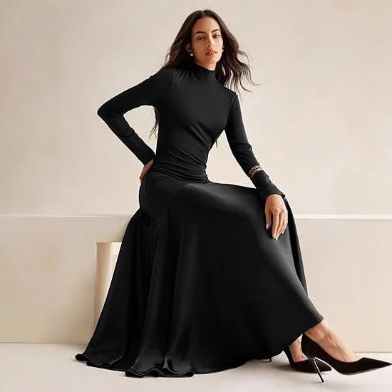 Damen Elegantes Langarm Maxikleid mit hohem Kragen und fließendem Rock Stalluxe