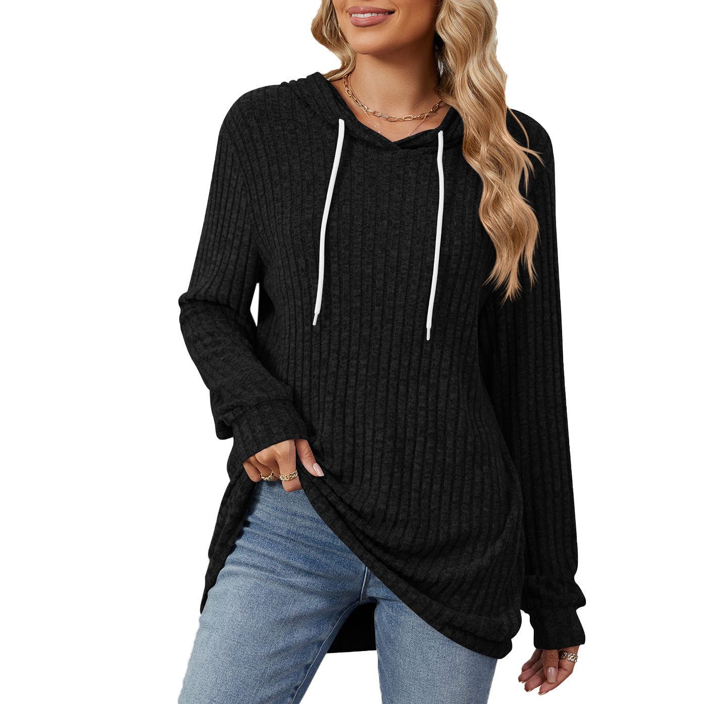 Damen lässiger Longsleeve Hoodie mit Rippstruktur und seitlichen Schlitzen Stalluxe