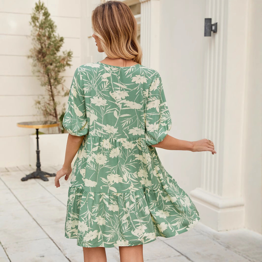 Damen V-Ausschnitt Sommerkleid mit voluminösen Ärmeln und floralem Design Stalluxe