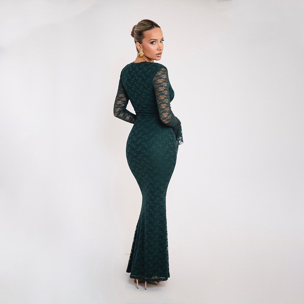 Damen Elegantes Spitzenabendkleid mit tiefem V-Ausschnitt und langen Glockenärmeln Stalluxe