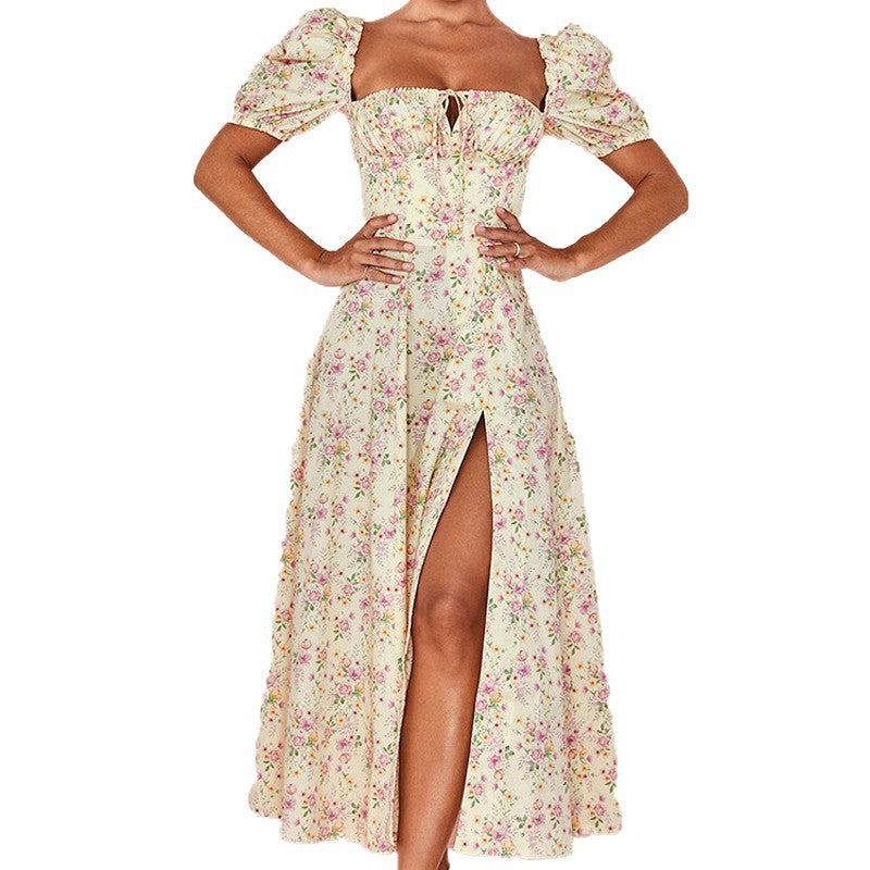 Damen Blumenkleid mit Schößchen und hoher Schlitze Stalluxe