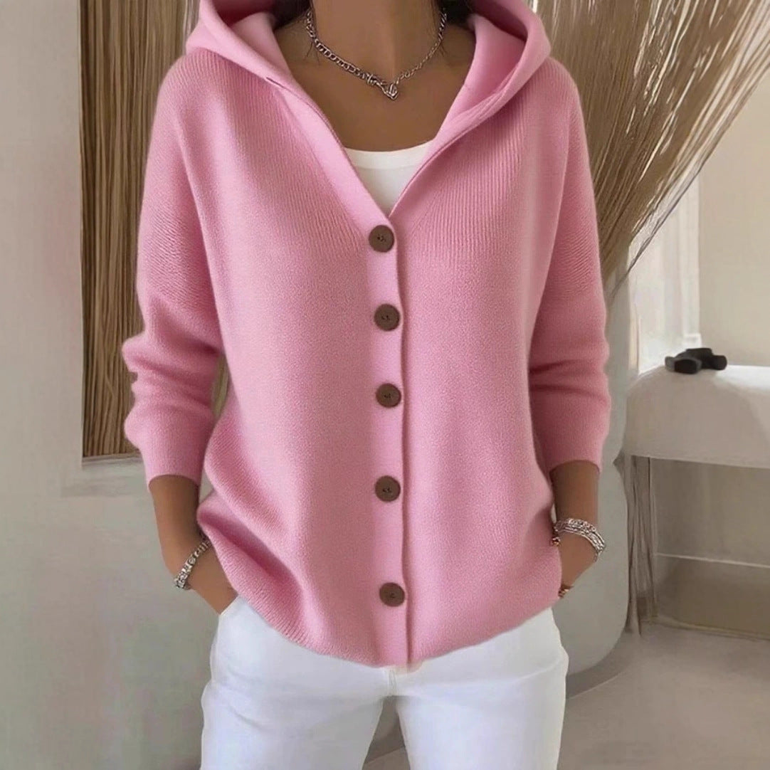 Damen lässige Strickjacke mit Kapuze und Knopfverschluss Stalluxe