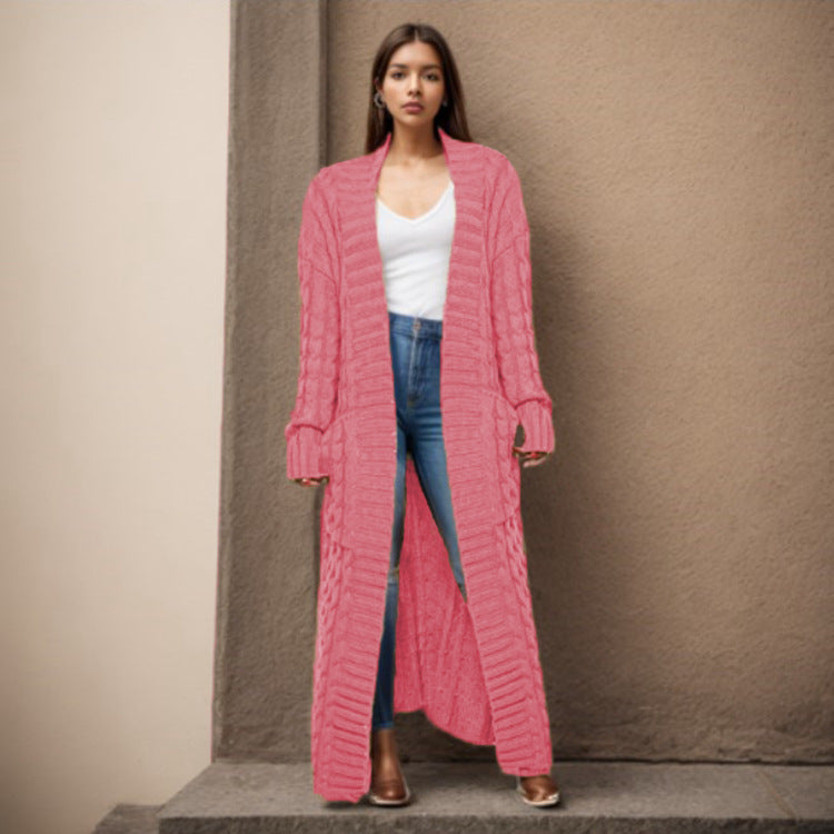 Damen Langer Strickcardigan mit raffiniertem Zopfdesign und praktischen Taschen Stalluxe
