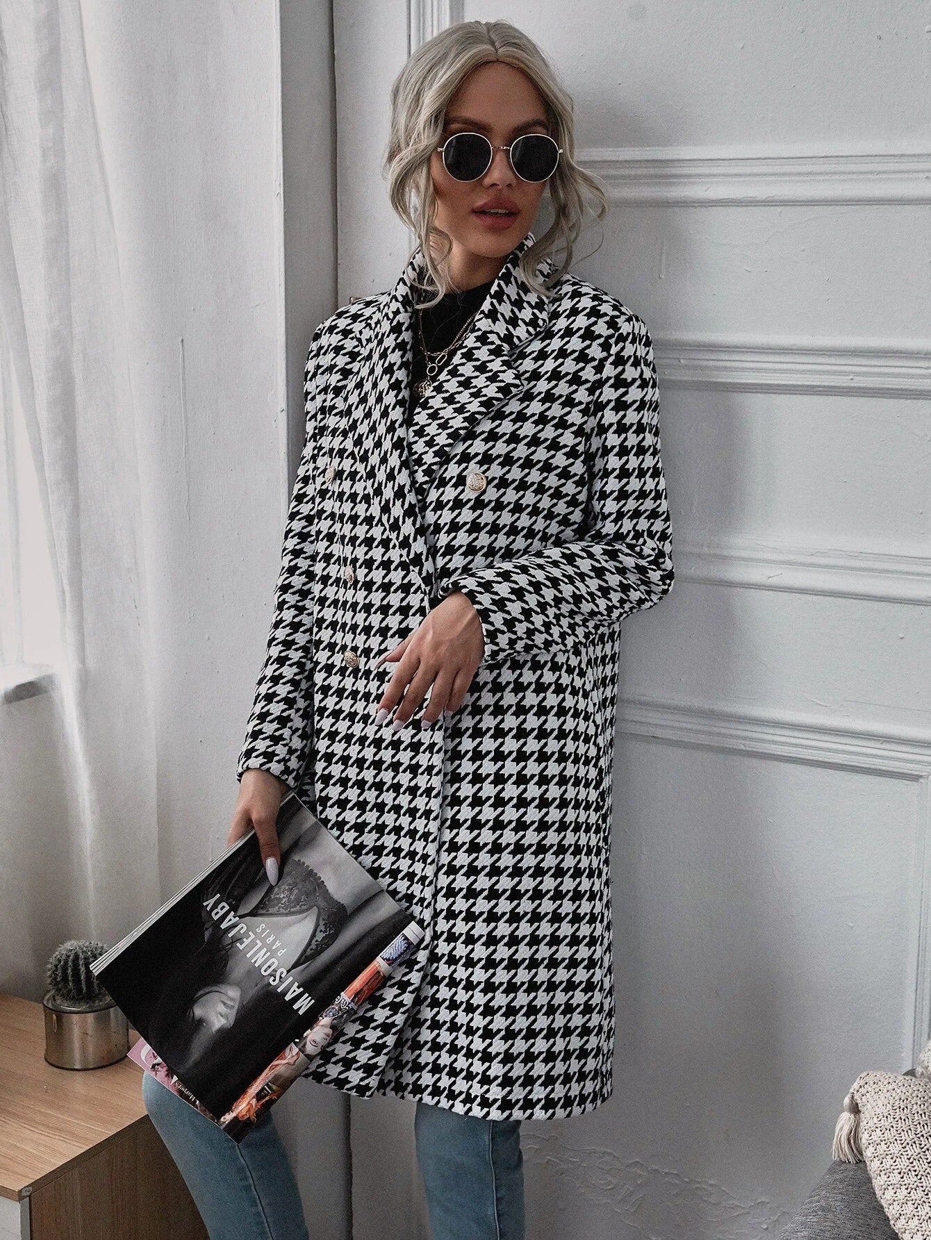 Damen Oversized Hahnentritt-Mantel mit klassischen Details Stalluxe