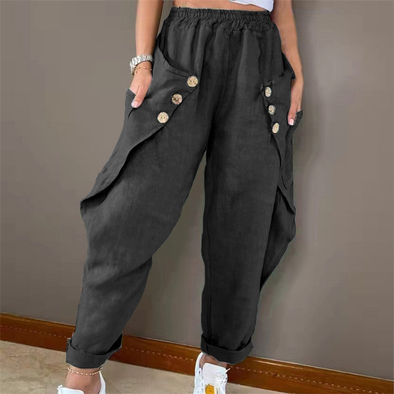Damen Legere Leinenhose mit Knopfdetails und großen Taschen Stalluxe