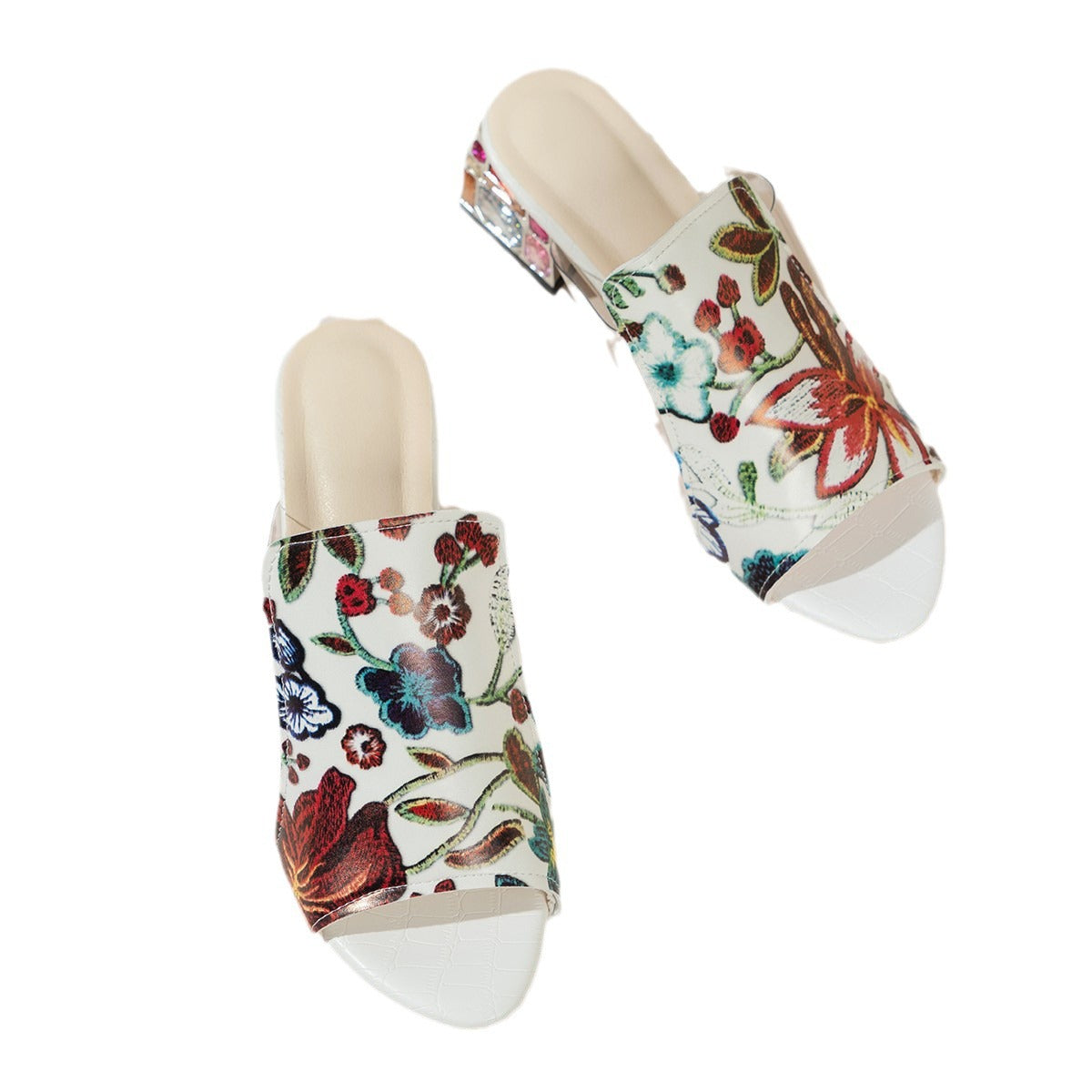 Damen Riemchen-Mules mit floralem Design und komfortablem Blockabsatz Stalluxe