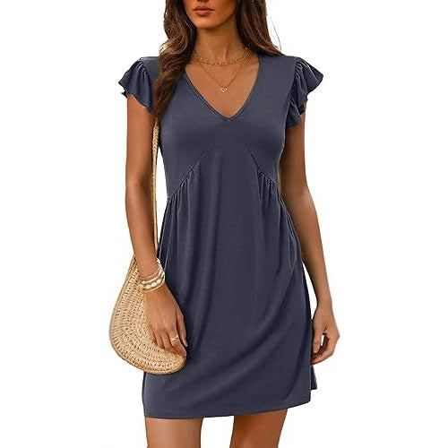 Damen Sommerliches kurzärmliges Kleid mit V-Ausschnitt und Rüschendetails Stalluxe
