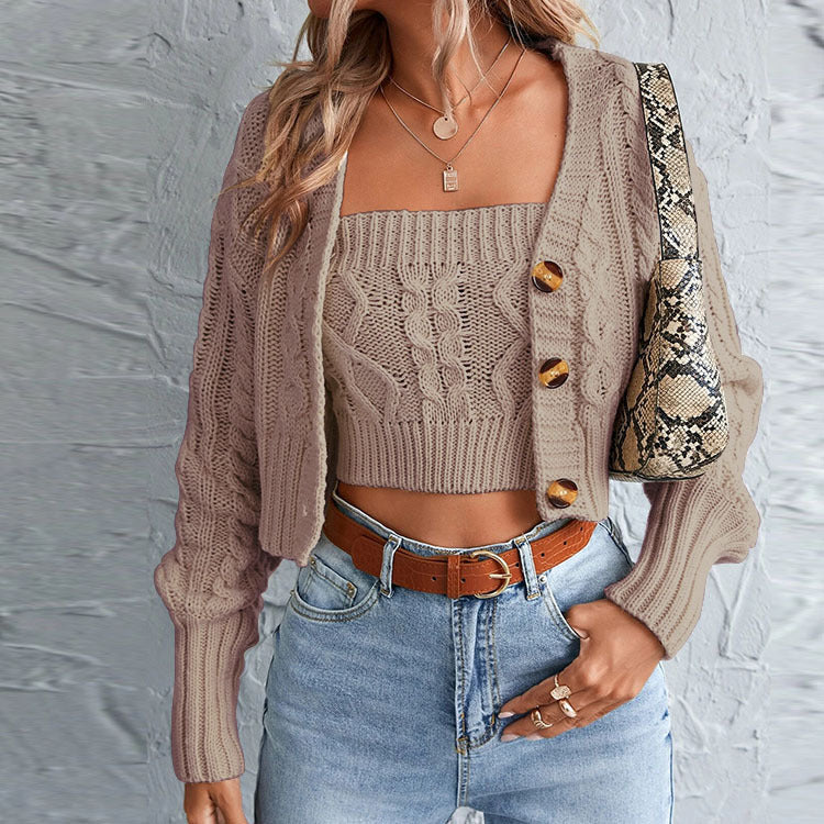 Damen lässiges Strick-Set mit offener Jacke und Crop-Top Stalluxe