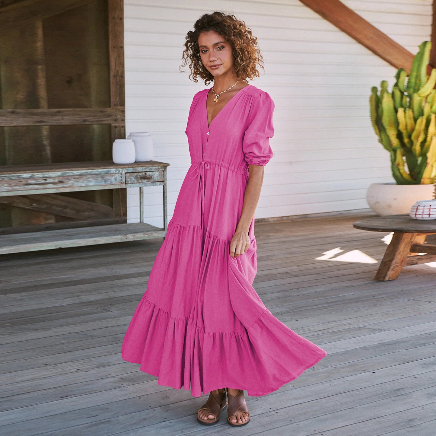 Damen Maxi Kleid mit V-Ausschnitt und Ballonärmeln Stalluxe