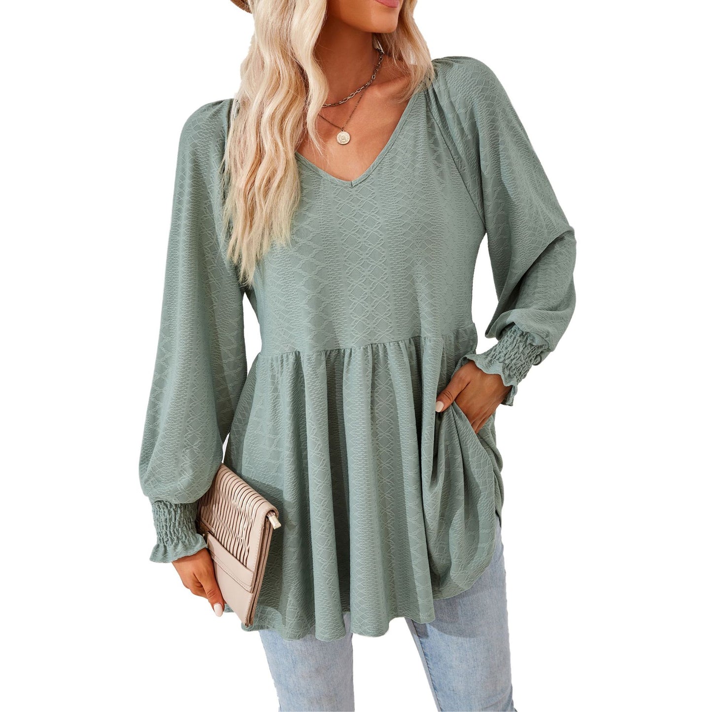Damen lässiges V-Ausschnitt Blusenshirt mit Rüschen und Taschen Stalluxe