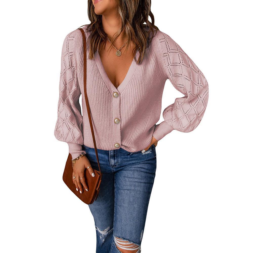 Damen Strickjacke mit V-Ausschnitt und modischen Puffärmeln Stalluxe