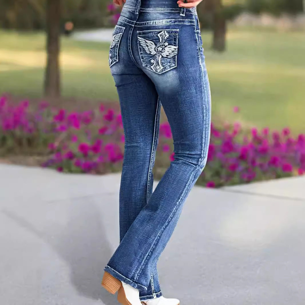 Damen Bootcut Jeans mit trendigem Used-Look und verzierten Taschen Stalluxe