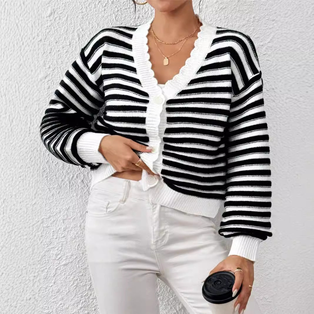 Damen Strickjacke mit modernem Streifenmuster und voluminösen Ärmeln Stalluxe