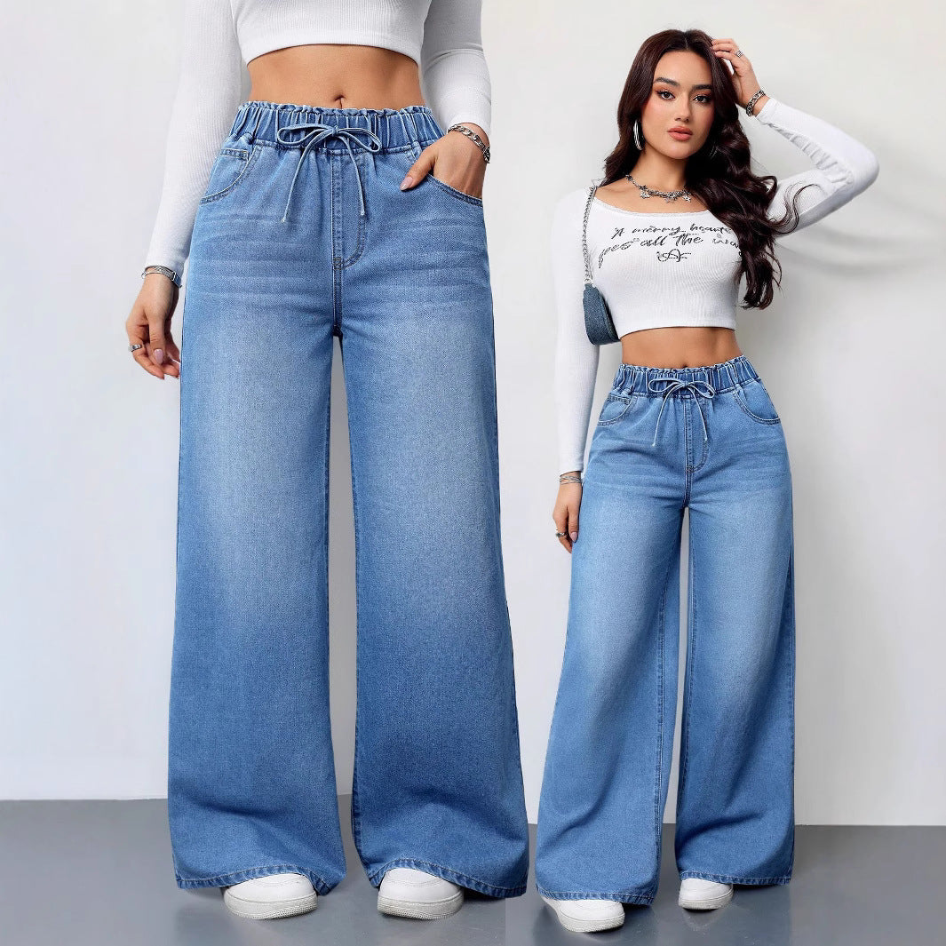 Damen Hochtaillierte Weite Jeans mit bequemem Kordelzug Stalluxe