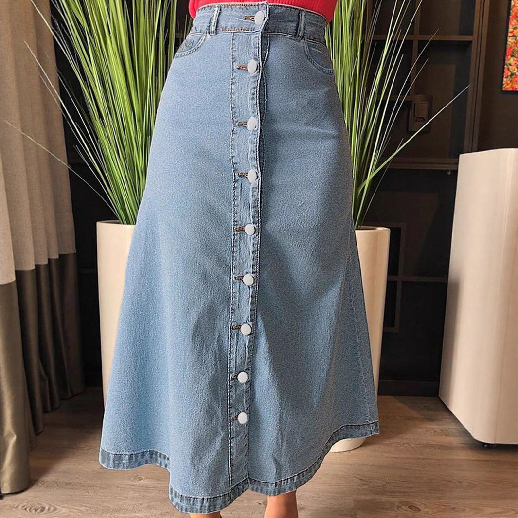 Damen Denim-Midirock mit Knopfverschluss und weitem Schnitt Stalluxe