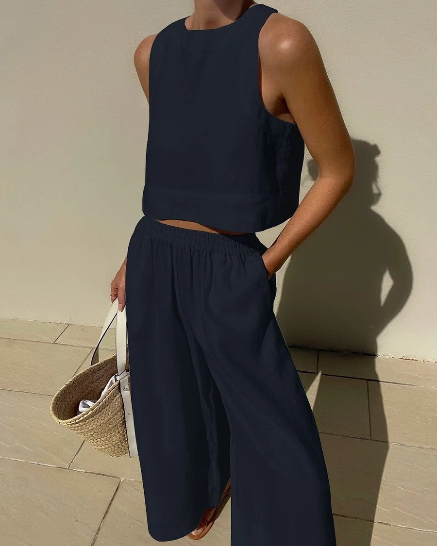 Damen luftiges und modernes Leinen-Set mit Cropped Top und weitem Hose Stalluxe
