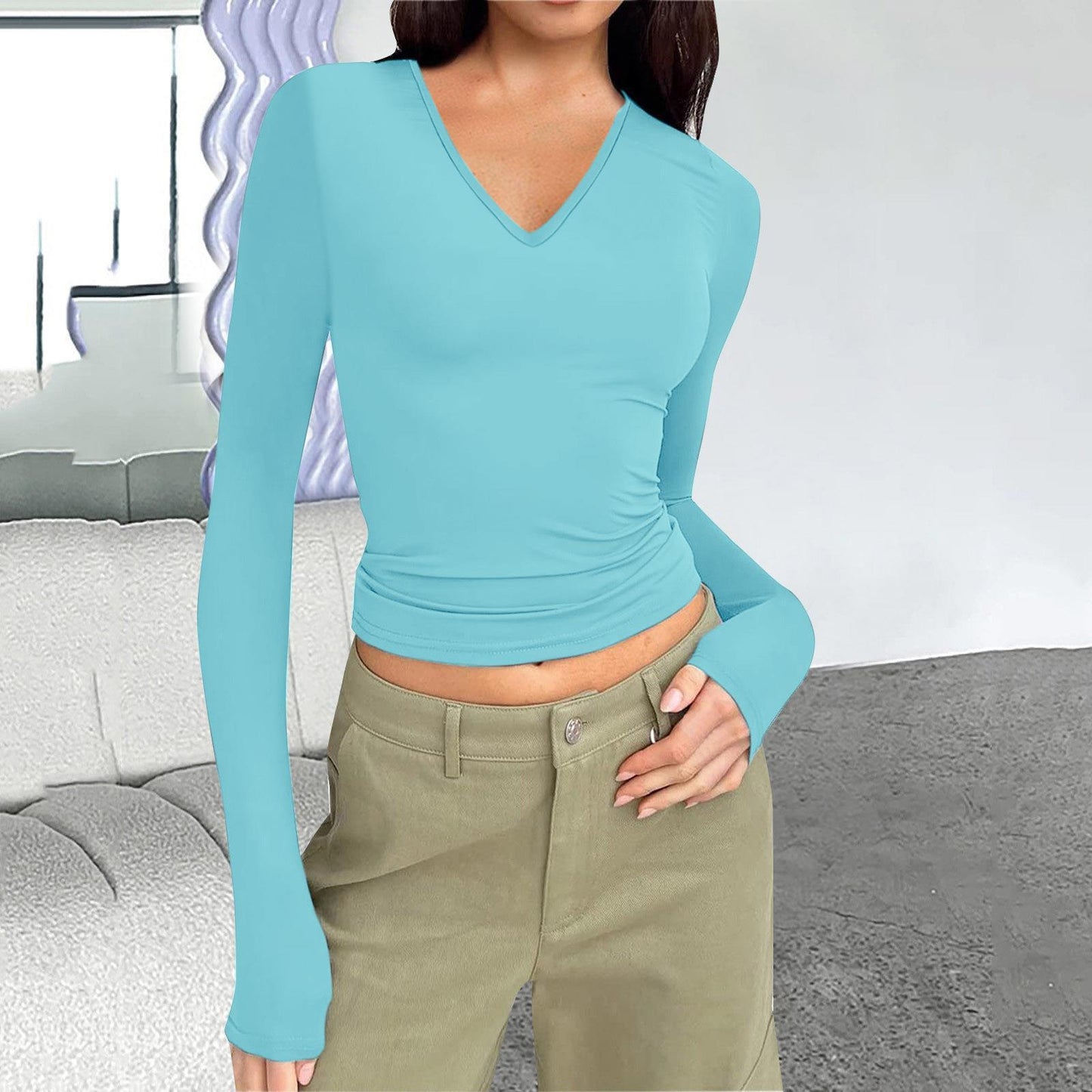 Damen Langarmshirt mit V-Ausschnitt und figurbetonendem Schnitt Stalluxe