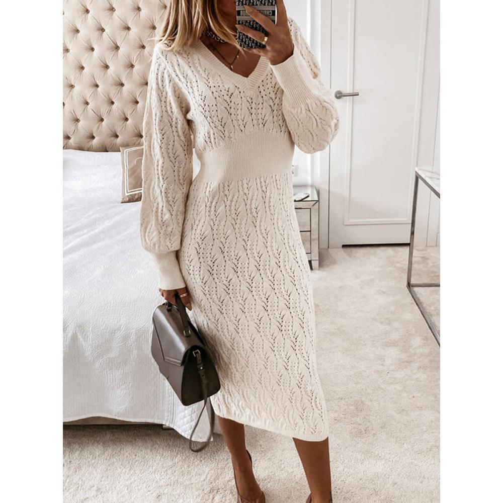 Damen Strickkleid mit halbtransparentem Muster und schickem V-Ausschnitt Stalluxe