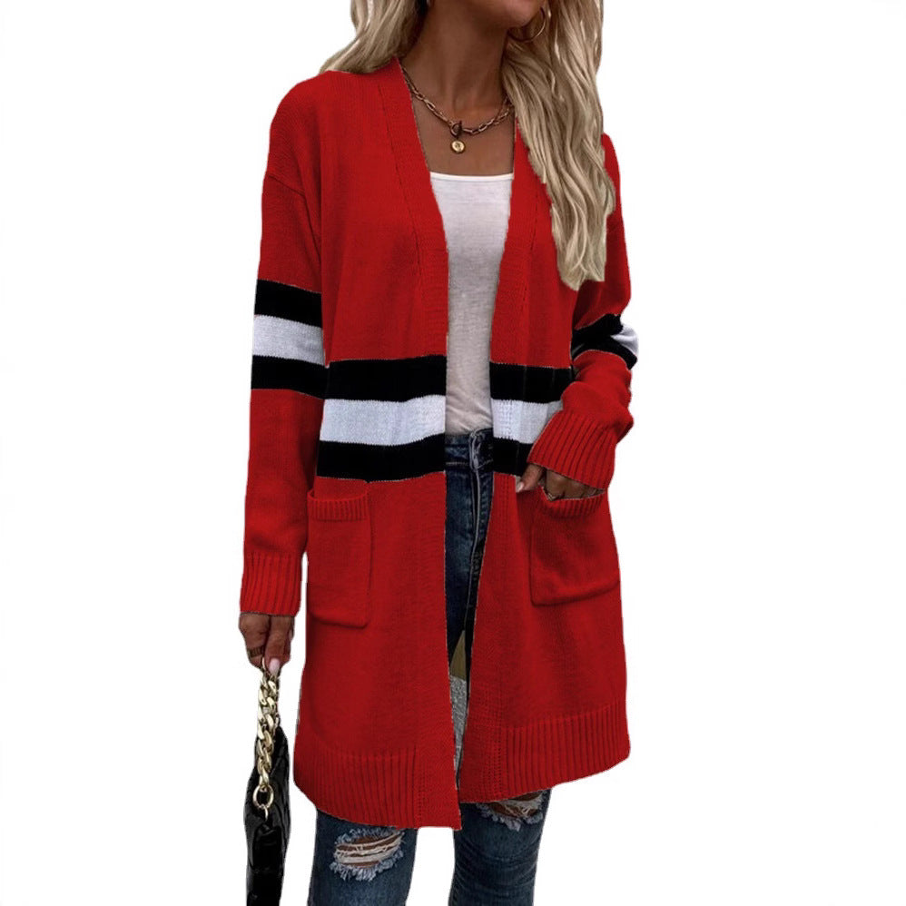 Damen Offene Strickjacke mit modernem Streifenmuster und praktischen Taschen Stalluxe
