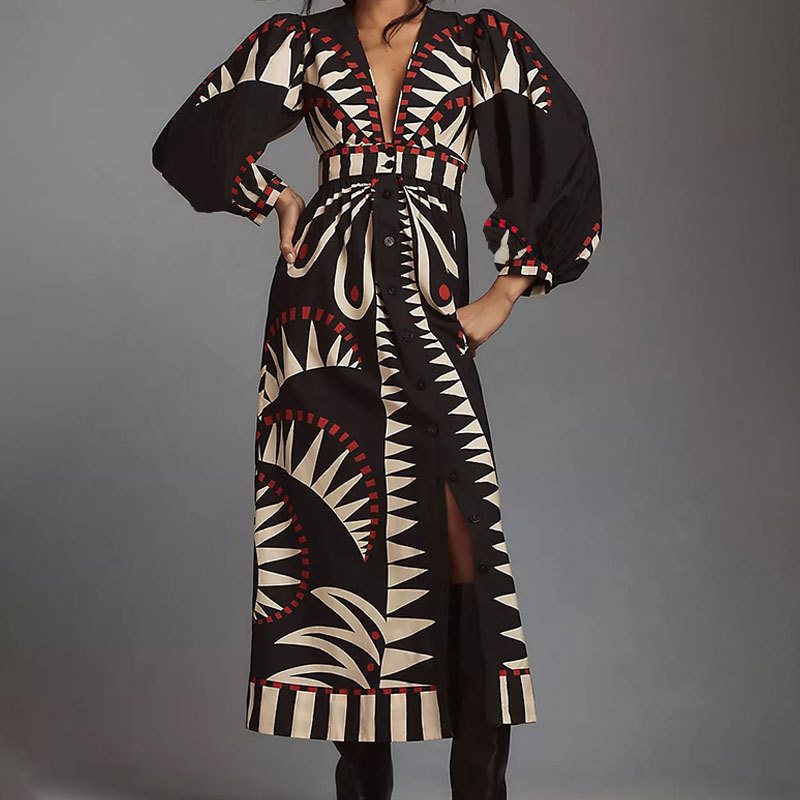Damen Maxikleid mit ausgefallenem geometrischem Muster und eleganter Knopfleiste Stalluxe